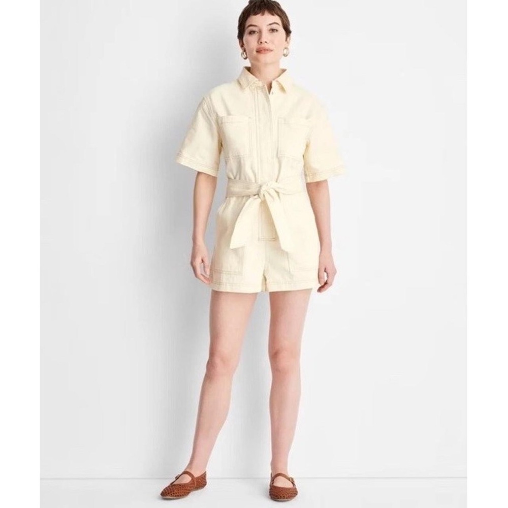 Cream Short Sleeve belted romper -M safari minimalist neutral gorpcore